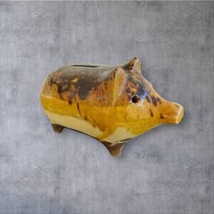 Antique American Piggy Bank Rockingham Glaze Yellow Ware Bennington Early 1900s